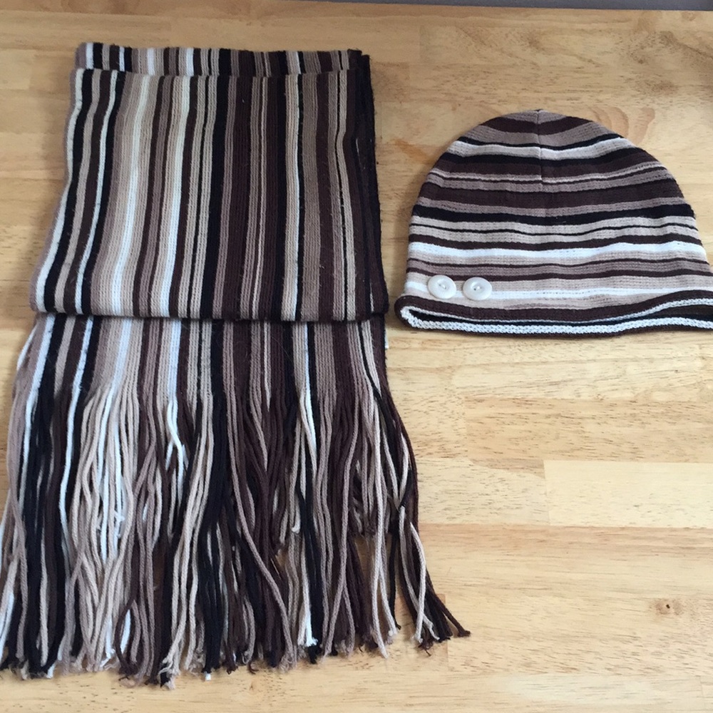 Brown Beige and Black Matching Scarf and Hat Set